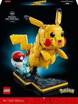 LEGO Pikachu and Poké Ball set on a dark background with LEGO and Pokémon logos.