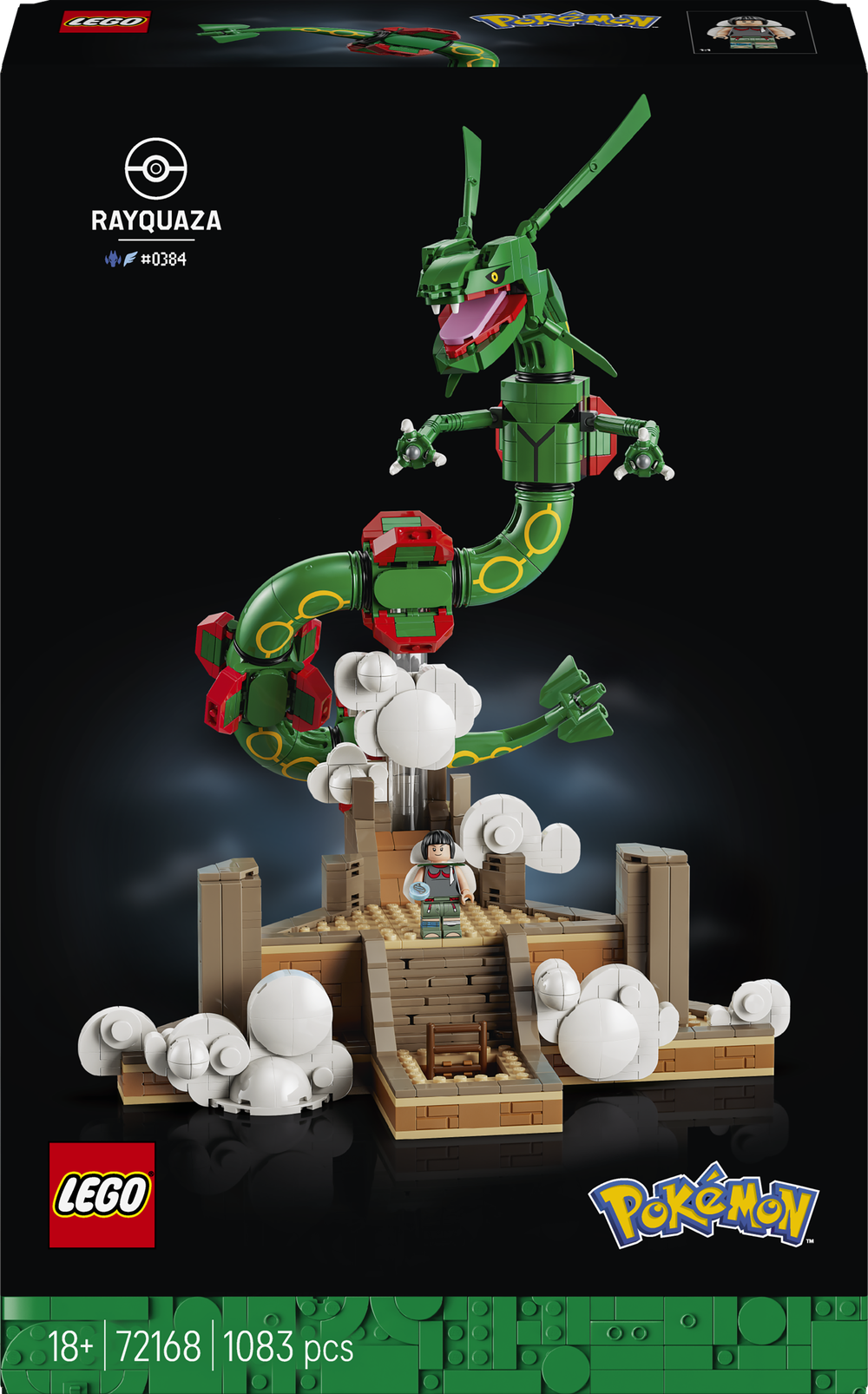 LEGO Pokémon Rayquaza building set box front, showing the assembled green dragon model on a rocky platform with white cloud pieces against a black background. LEGO and Pokémon logos are visible.