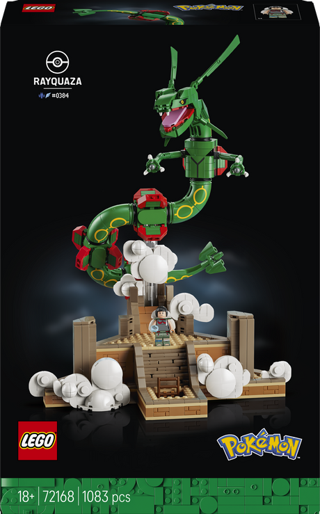 LEGO Pokémon Rayquaza building set box front, showing the assembled green dragon model on a rocky platform with white cloud pieces against a black background. LEGO and Pokémon logos are visible.