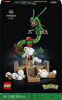 LEGO Pokémon Rayquaza building set box front, showing the assembled green dragon model on a rocky platform with white cloud pieces against a black background. LEGO and Pokémon logos are visible.