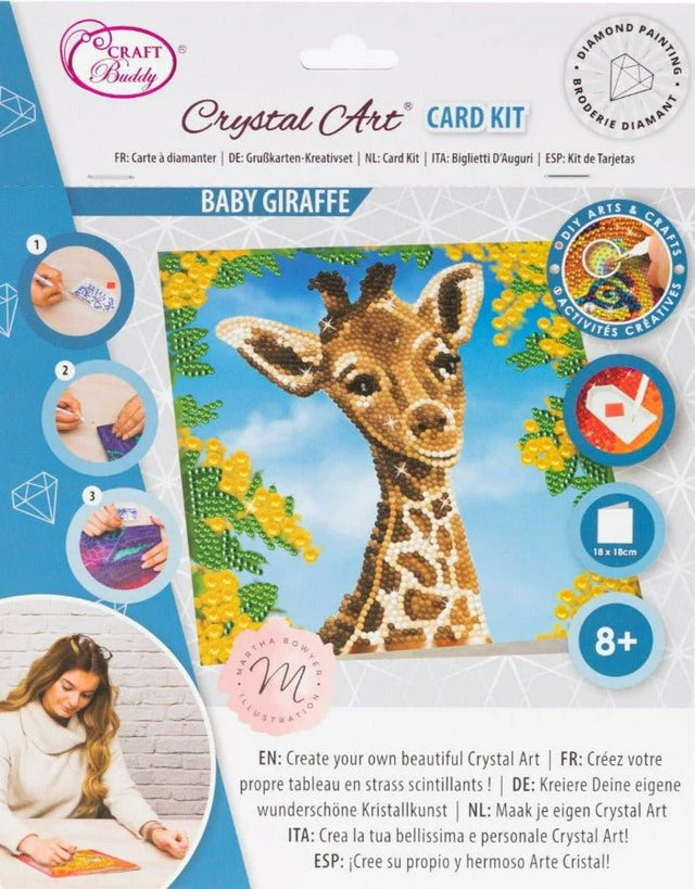 Crystal Art card kit packaging with a baby giraffe design on a blue background