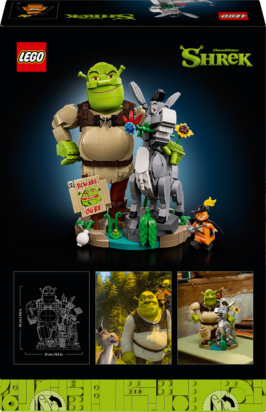 LEGO Shrek set packaging with characters and accessories on a dark background