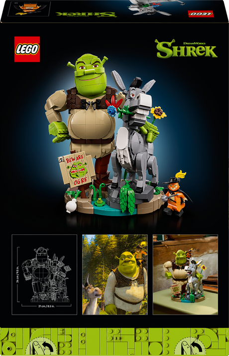 LEGO Shrek set packaging with characters and accessories on a dark background