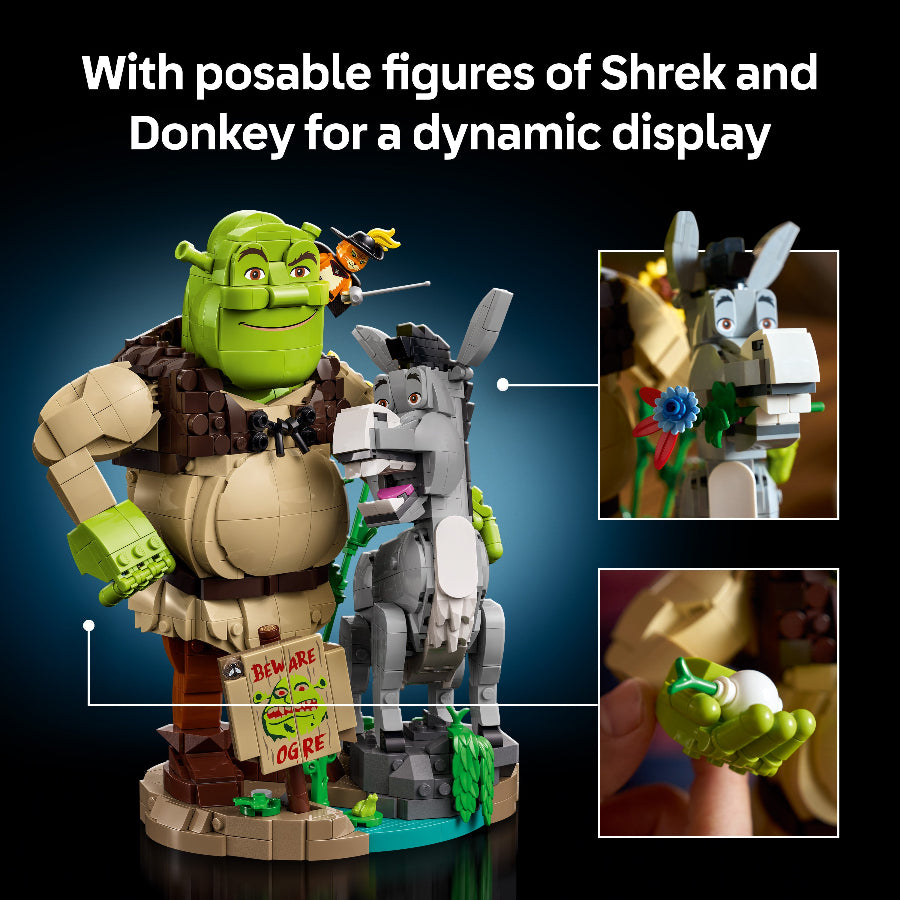 LEGO Shrek and Donkey set with movable figures on a dark background