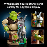 LEGO Shrek and Donkey set with movable figures on a dark background