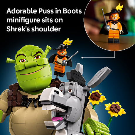 LEGO Shrek with Puss in Boots minifigure on his shoulder against a dark blue background.