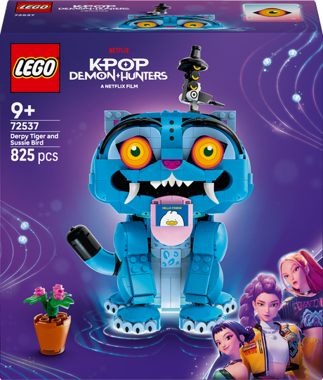 LEGO K-POP Demon Hunters set 72537 'Derpy Tiger and Susie Bird' building toy box, featuring a blue tiger-like monster with large yellow eyes and a Susie Bird character on top, on a purple background with character illustrations.