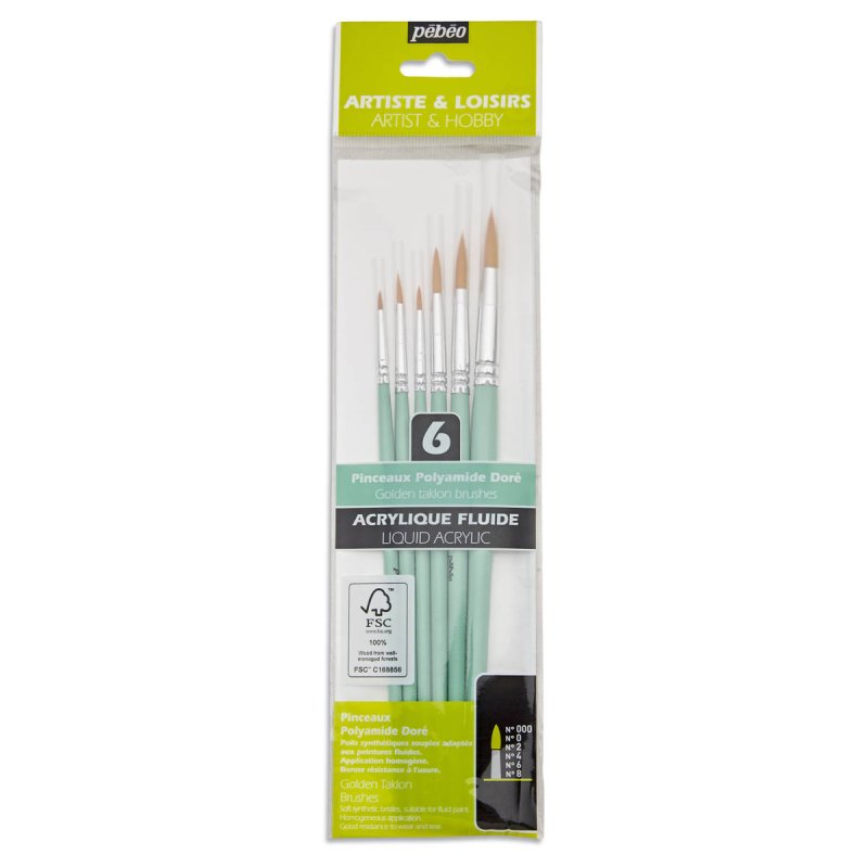 Pebeo Set of 6 Short Handle Brushes Round Golden Taklon