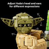 LEGO Yoda figure with adjustable head and ears on a black background