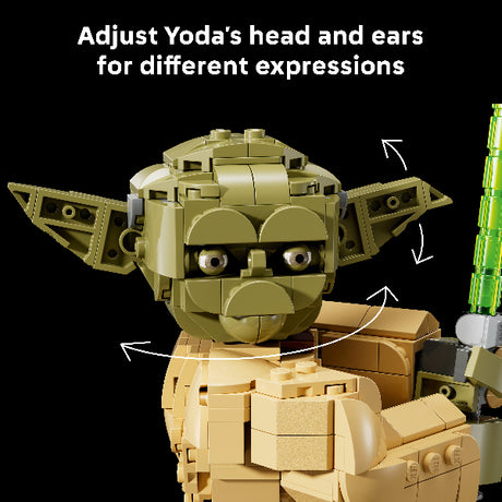 LEGO Yoda figure with adjustable head and ears on a black background