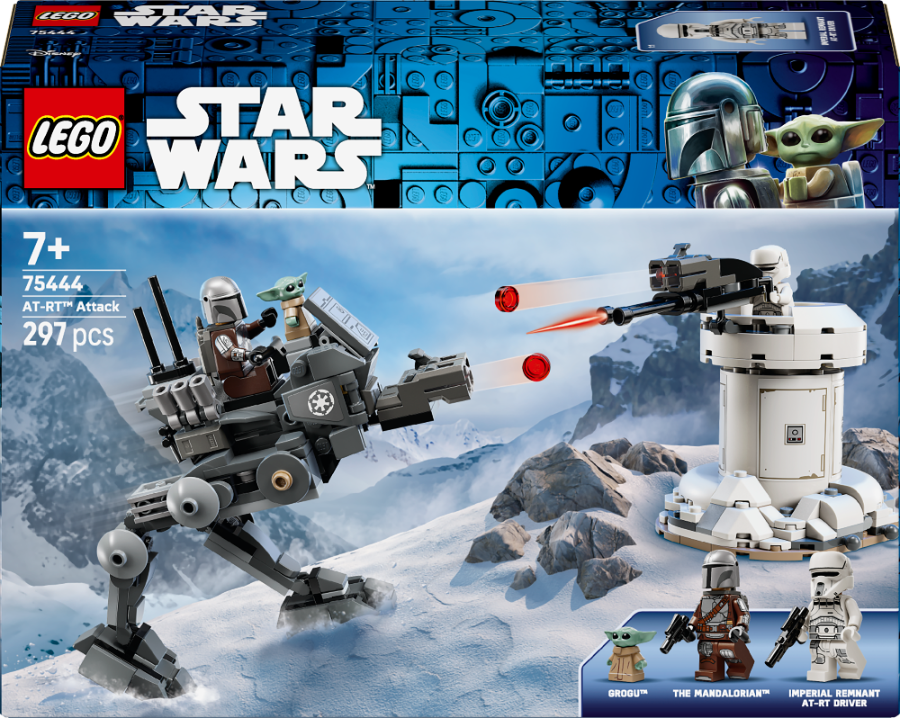 LEGO Star Wars AT-AT Attack set packaging with characters and snowy landscape.