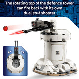 Toy defence tower with dual stud shooter feature on a blue and white background