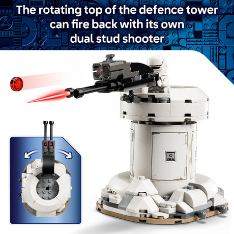 Toy defence tower with dual stud shooter feature on a blue and white background