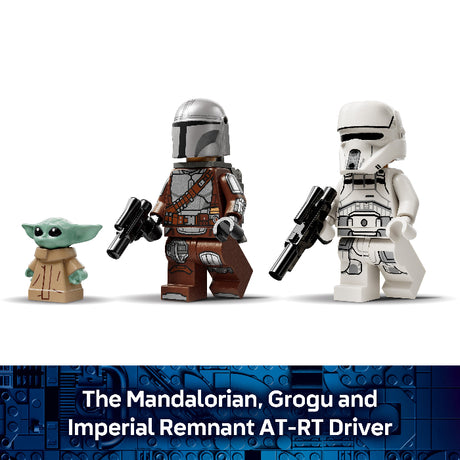 Three LEGO figures of The Mandalorian, Grogu, and Imperial Remnant AT-RT Driver on a white background.
