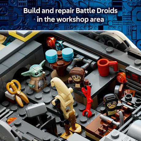 LEGO figures of characters in a workshop setting with tools and parts.