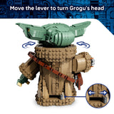 LEGO model of Grogu with instructions on moving the lever to turn his head against a blue background.