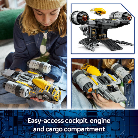 Child playing with a detailed toy spaceship model, with close-up shots of the model and text highlighting features.