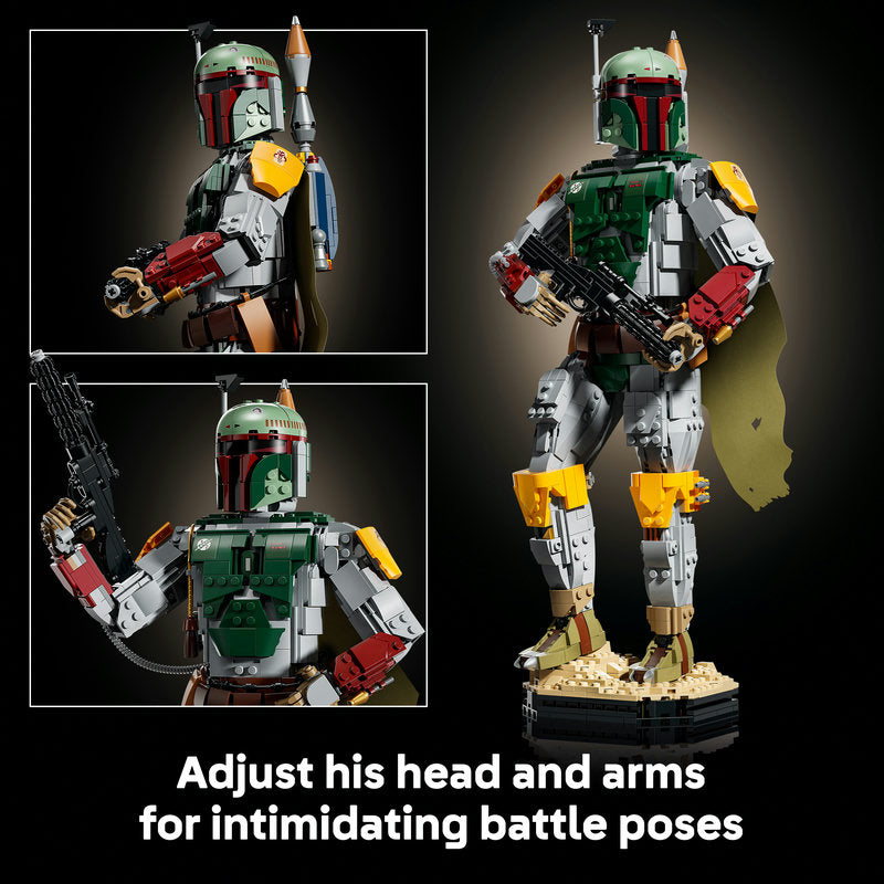 A LEGO Star Wars Boba Fett collectible figure shown on a black background, with a large main view and two smaller inset views showing alternate angles. The figure is built from gray, green, yellow, red, and black pieces and stands on a textured base.
