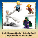 Four LEGO minifigures shown on a white background with a decorative border and text reading '4 minifigures: Monkey D. Luffy, Sanji, Dragon and Captain Smoker.