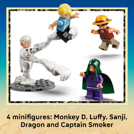 Four LEGO minifigures shown on a white background with a decorative border and text reading '4 minifigures: Monkey D. Luffy, Sanji, Dragon and Captain Smoker.