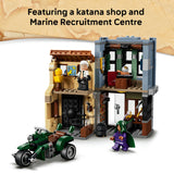 A LEGO-style katana shop and Marine Recruitment Centre building set shown on a white background with a tan textured banner at the top. The set includes a green motorcycle, a green-haired minifigure, an elderly man minifigure, and a two-story open shop structure with interior rooms and details.