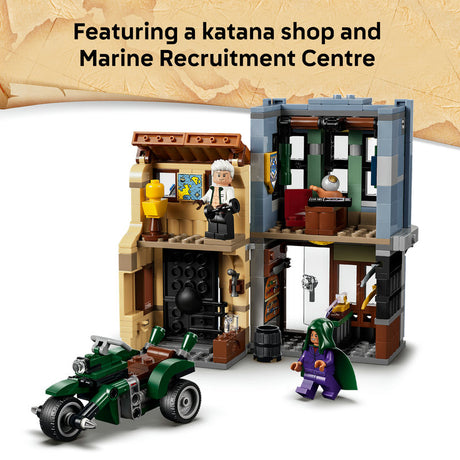 A LEGO-style katana shop and Marine Recruitment Centre building set shown on a white background with a tan textured banner at the top. The set includes a green motorcycle, a green-haired minifigure, an elderly man minifigure, and a two-story open shop structure with interior rooms and details.