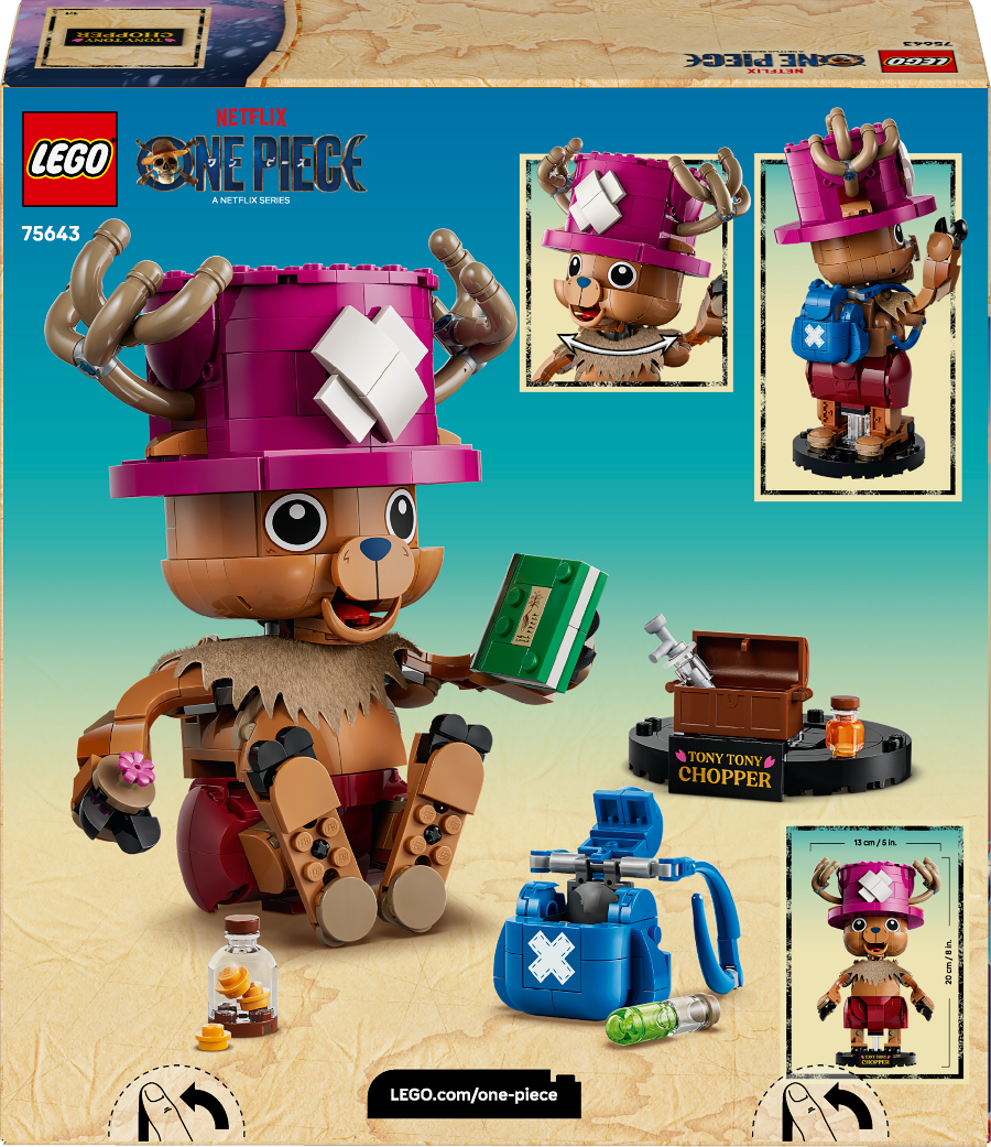 LEGO One Piece set 75643 Navy Monkey Chopper toy building set box, showing the assembled toy, accessories, and character details on the packaging.