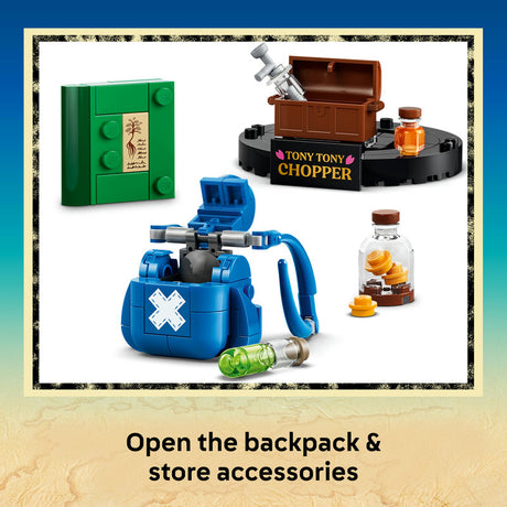 LEGO construction set display showing a blue backpack-style container with a white cross, a green box with studs, a brown chest labeled 'TONY TONY CHOPPER' with a silver syringe, and small accessory bottles and coins on a white background, with text below reading 'Open the backpack & store accessories'.