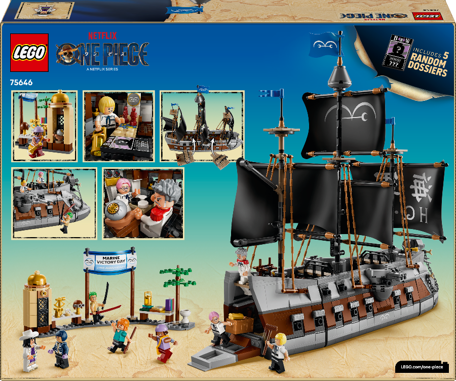 LEGO World of One Piece: Royal Ship set 75646, featuring a detailed black-clothed pirate ship with multiple masts, a captain's cabin, and a beach scene with mini-dolls and accessories, shown on its retail box.