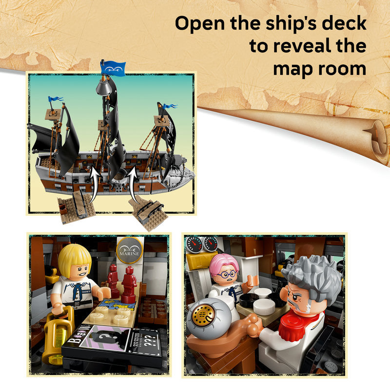 Promotional collage for a LEGO-style pirate ship set, showing the assembled ship with text reading 'Open the ship's deck to reveal the map room,' plus two smaller inset photos of interior scenes and minifigures on a parchment-style background.
