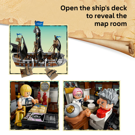 Promotional collage for a LEGO-style pirate ship set, showing the assembled ship with text reading 'Open the ship's deck to reveal the map room,' plus two smaller inset photos of interior scenes and minifigures on a parchment-style background.