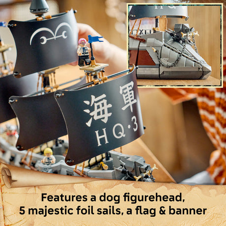 A close-up of a toy pirate ship model with black sails featuring white characters and text, plus a small dog figurehead on deck. A hand is holding the ship, and a small inset shows the ship's upper structure.