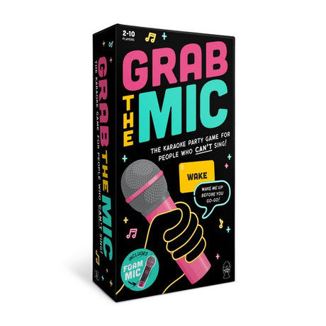 Grab the Mic karaoke party game box, featuring a black background with colorful pink, teal, yellow, and white text and illustrations of a hand holding a microphone.