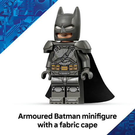 Armoured Batman minifigure with a fabric cape on a white background