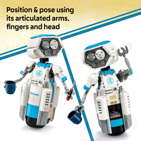 Two assembled building-block robots shown on a white and beige graphic background with text reading 'Position & pose using its articulated arms, fingers and head.' The robots are primarily white with bright blue panels and gray mechanical details, and one holds a blue cup while the other has an open side panel showing internal components.
