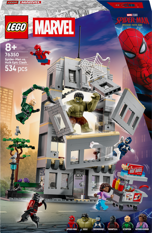 LEGO Marvel Spider-Man vs. Hulk toy set packaging with characters and building set.