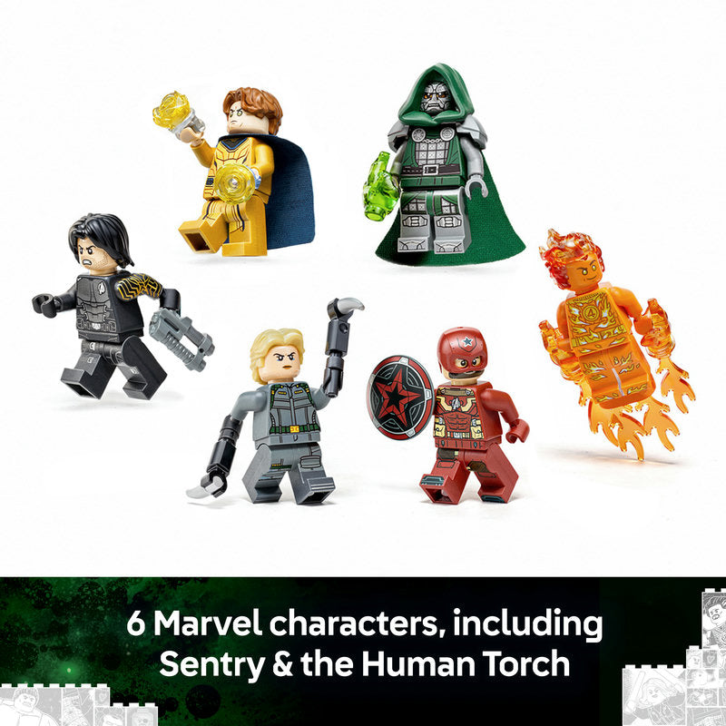 Six Marvel-themed building block minifigures are displayed on a white background with a black text banner at the bottom reading '6 Marvel characters, including Sentry & the Human Torch.' The figures include a yellow armored character, a green-robed character, a black-and-gray character, a gray character with a shield, a red character, and an orange flaming character.