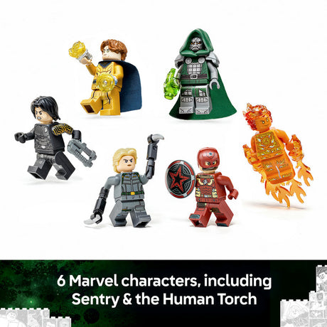 Six Marvel-themed building block minifigures are displayed on a white background with a black text banner at the bottom reading '6 Marvel characters, including Sentry & the Human Torch.' The figures include a yellow armored character, a green-robed character, a black-and-gray character, a gray character with a shield, a red character, and an orange flaming character.