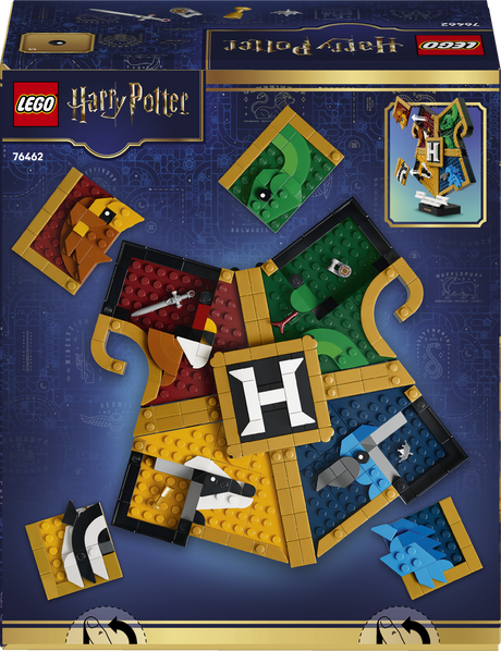 LEGO Harry Potter set packaging with various pieces and 'H' logo on a blue background