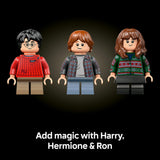 Three LEGO figures of Harry, Hermione, and Ron on a black background with text 'Add magic with Harry, Hermione & Ron'.