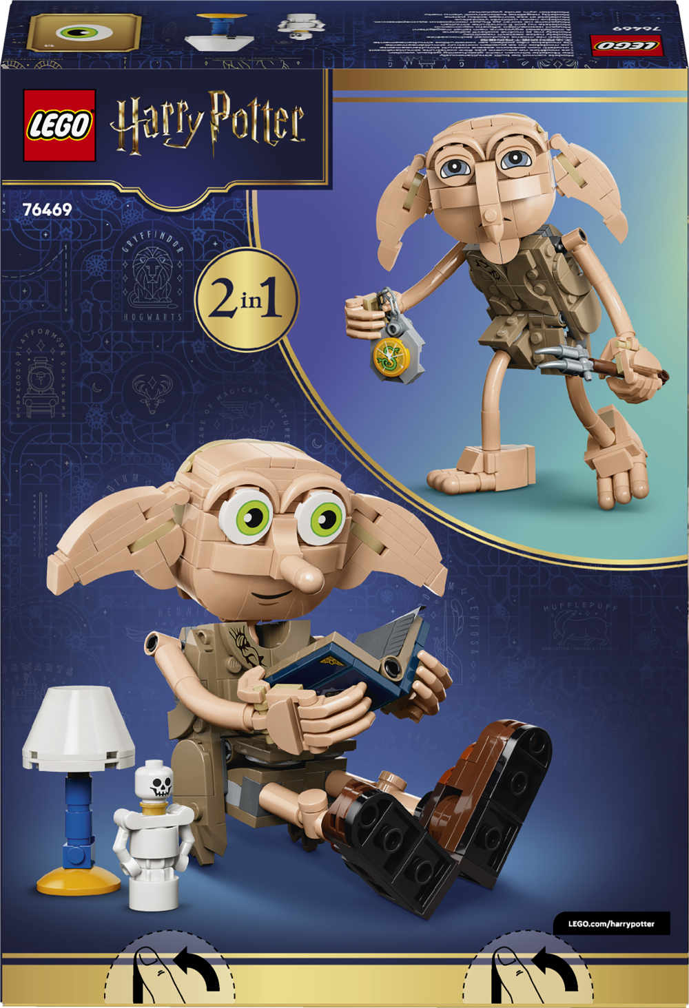 LEGO Harry Potter Dobby the House Elf set packaging with two figures and a small robot on a blue and gold background.