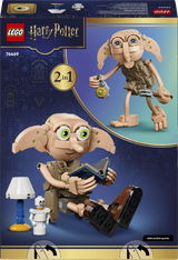 LEGO Harry Potter Dobby the House Elf set packaging with two figures and a small robot on a blue and gold background.