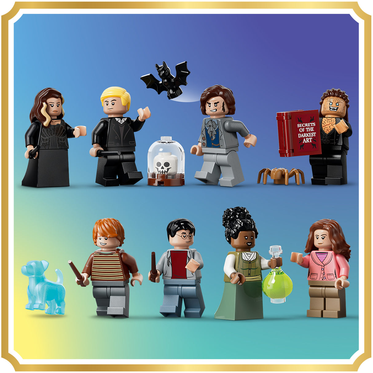 Collection of LEGO figurines on a gradient blue background