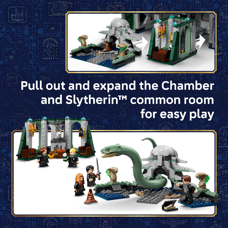 LEGO set with characters and a snake, featuring text about expanding the Chamber and Slytherin common room.