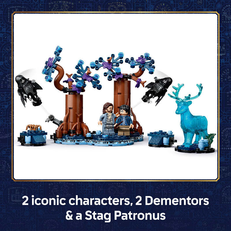 LEGO set with two iconic characters, two Dementors, and a Stag Patronus on a white background.