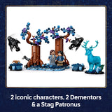 LEGO set with two iconic characters, two Dementors, and a Stag Patronus on a white background.