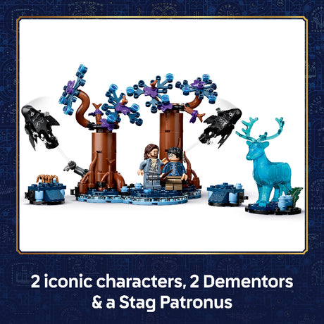 LEGO set with two iconic characters, two Dementors, and a Stag Patronus on a white background.