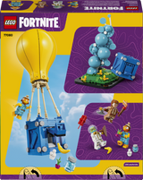 LEGO Fortnite set packaging with balloon and character figures on a yellow and purple background