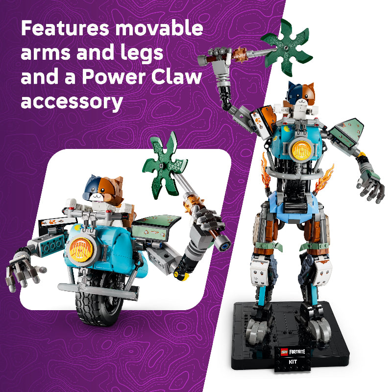 Toy robot with movable arms and legs and a Power Claw accessory on a purple background