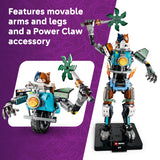 Toy robot with movable arms and legs and a Power Claw accessory on a purple background